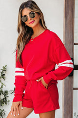 Fiery Red Varsity Striped Sleeve Drop Shoulder Sweatshirt and Short Set Short Sets JT's Designer Fashion