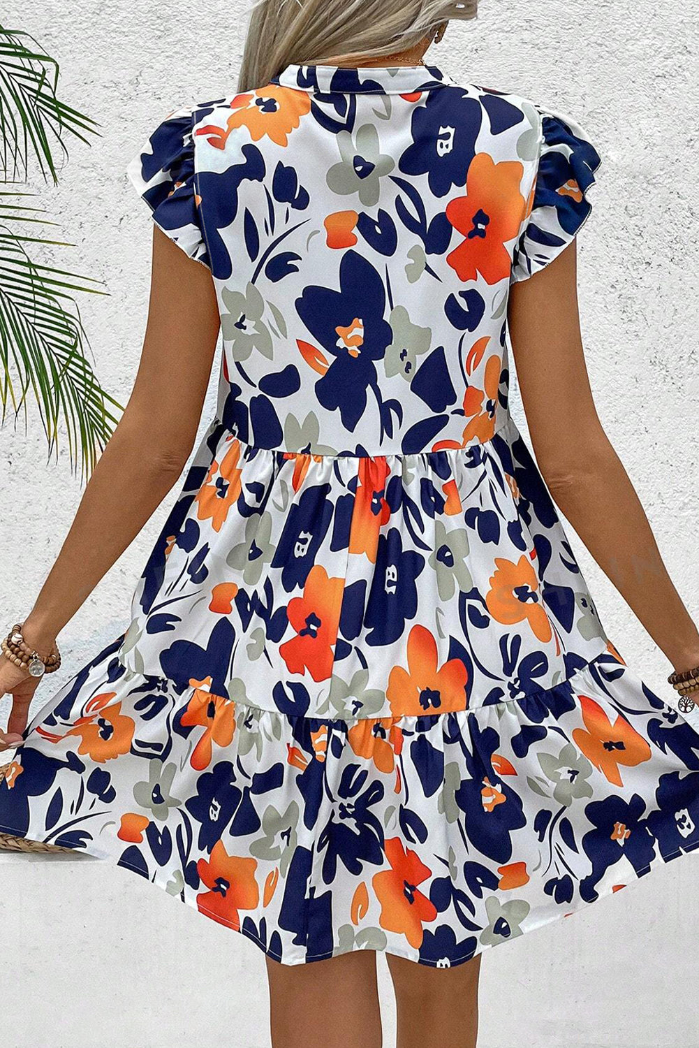 Orange Floral Print Notched Neck Flutter Sleeve Mini Dress Floral Dresses JT's Designer Fashion