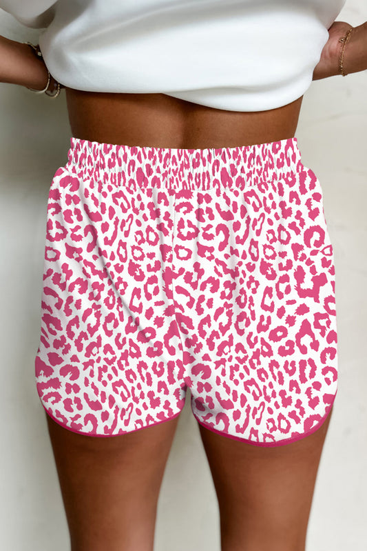 Pink Leopard Elastic Waist Lace up Contrast Trim Casual Shorts Casual Shorts JT's Designer Fashion