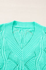 Mint Green Hollow Out Knit V Neck Drop Shoulder Sweater Sweaters JT's Designer Fashion