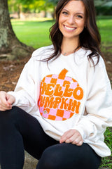 White Terry Halloween Pumpkin Patched Pattern Pullover Sweatshirt Sweatshirts & Hoodies JT's Designer Fashion