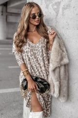 Gray Leopard Print V Neck Loose Fit Mini Dress Mini Dresses JT's Designer Fashion