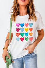 White Colorful Heart Shaped Print Crew Neck T Shirt Graphic Tees JT's Designer Fashion