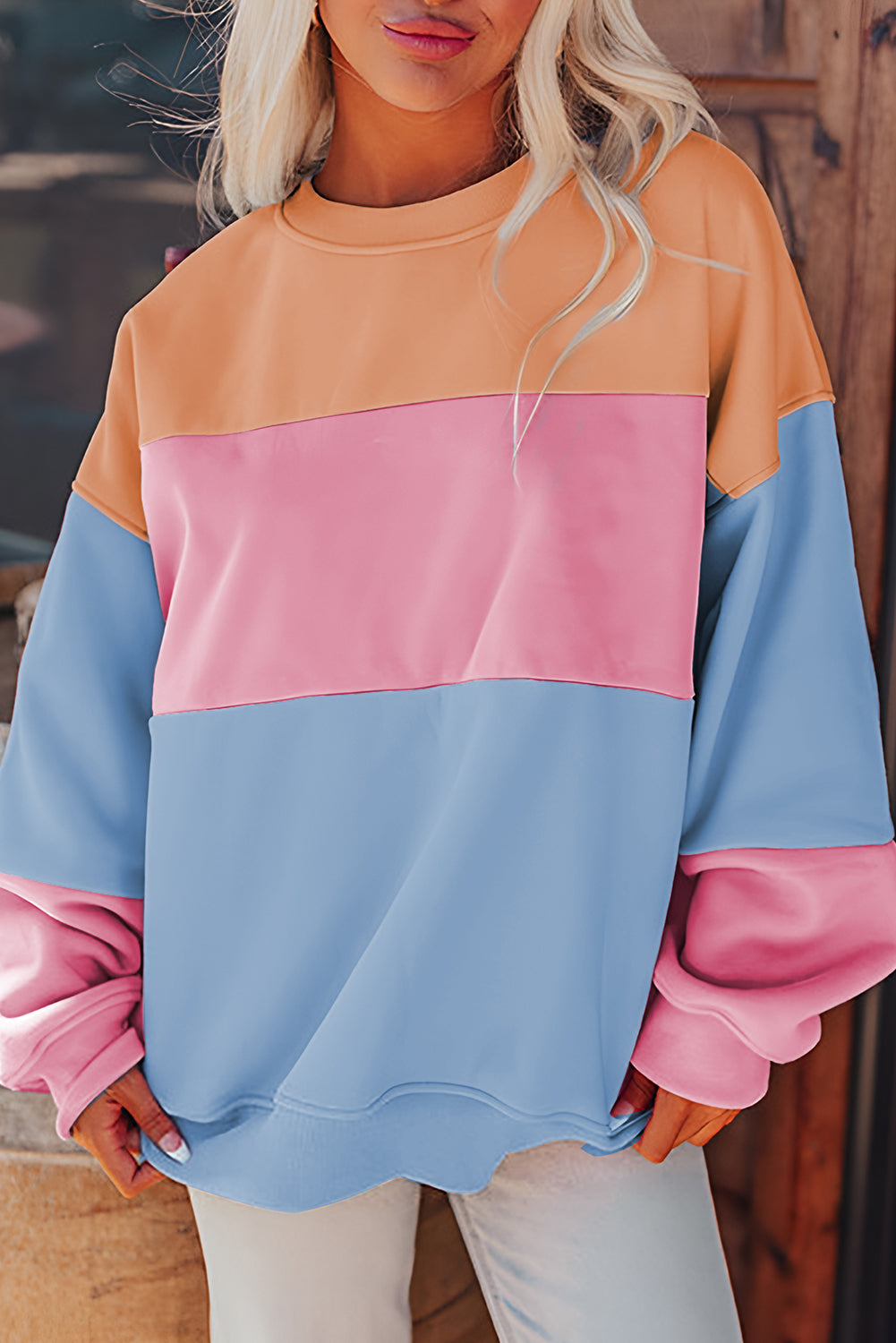 Sky Blue Colorblock Patchwork Drop Shoulder Sweatshirt Sweatshirts & Hoodies JT's Designer Fashion