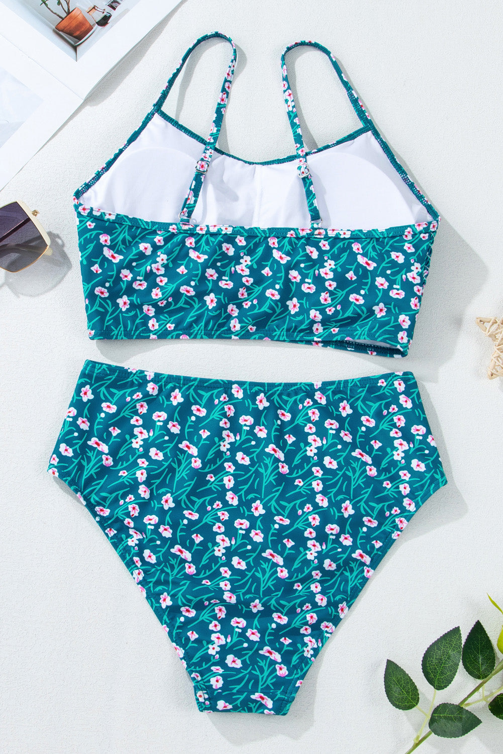 Blue Floral Print Smocked Cute Bikini Set Bikinis JT's Designer Fashion
