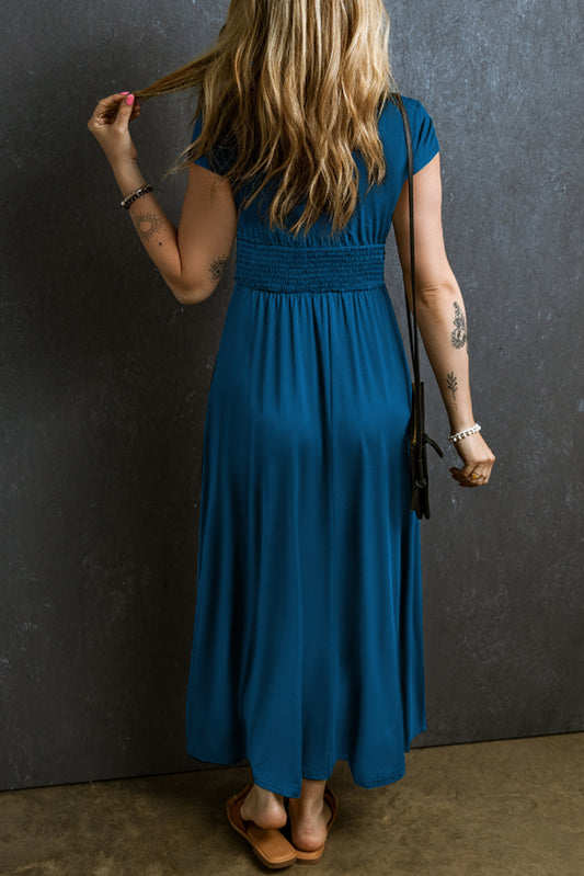 Peacock Blue Short Sleeve Shirred High Waist V Neck Long Dress Maxi Dresses JT's Designer Fashion