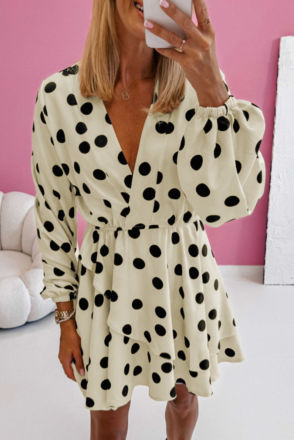 Beige Polka Dot Printed Surplice V Neck Puff Sleeve Mini Dress Mini Dresses JT's Designer Fashion