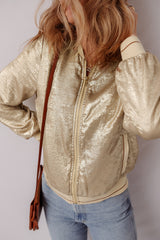 Pale Khaki Metallic Zip up Baseball Jacket Jackets JT's Designer Fashion