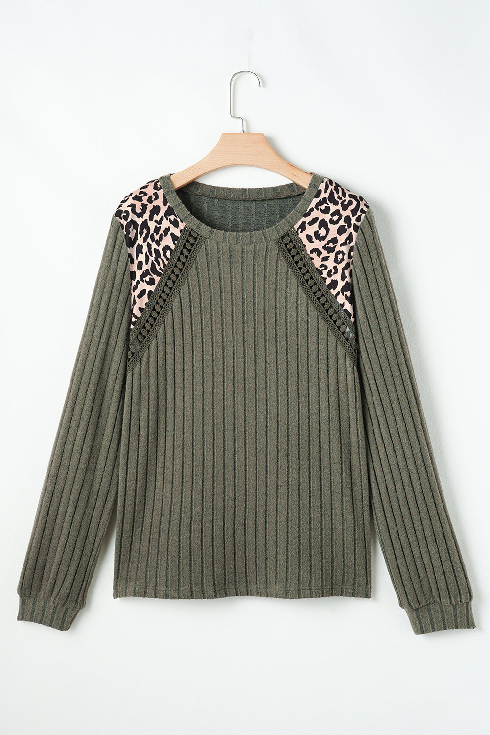 Moss Green Leopard Print Crochet Patchwork Rib Textured Knit Top Long Sleeve Tops JT's Designer Fashion