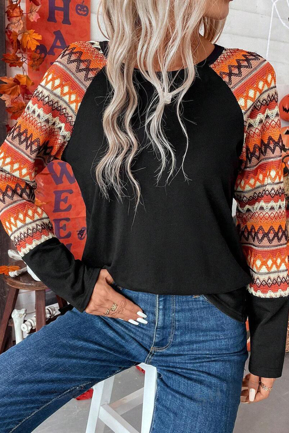 Orange Geo Print Raglan Patchwork Long Sleeve Tee Long Sleeve Tops JT's Designer Fashion