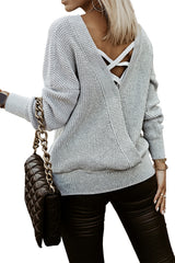 Gray Cross Back Hollow-out Sweater Sweaters & Cardigans JT's Designer Fashion