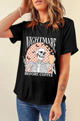 Black Nightmare Before Coffee Skull Checkerboard Graphic Halloween Tee Graphic Tees JT's Designer Fashion
