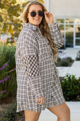 White Stripe Plus Size Plaid Buttoned Raw Hem Tunic Shirt Dress Plus Size Midi Dresses JT's Designer Fashion