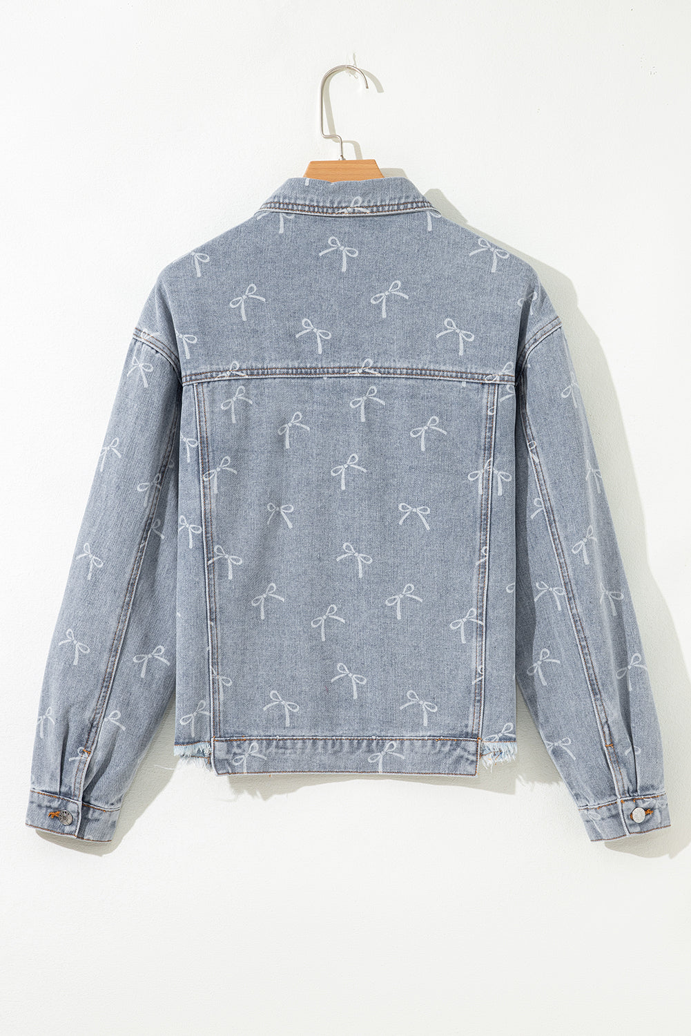 Sky Blue Bow Knot Print Light Wash Raw Hem Denim Jacket Denim Jackets JT's Designer Fashion