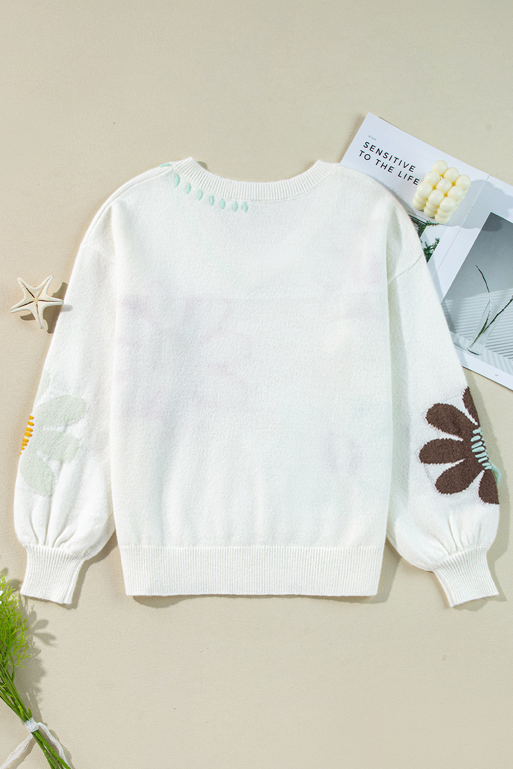 White Big Flower Pattern V Neck Drop Shoulder Sweater Sweaters JT's Designer Fashion