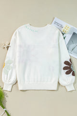 White Big Flower Pattern V Neck Drop Shoulder Sweater Sweaters JT's Designer Fashion