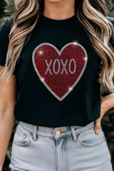 Black Rhinestone XOXO Heart Graphic Crewneck Tee Graphic Tees JT's Designer Fashion