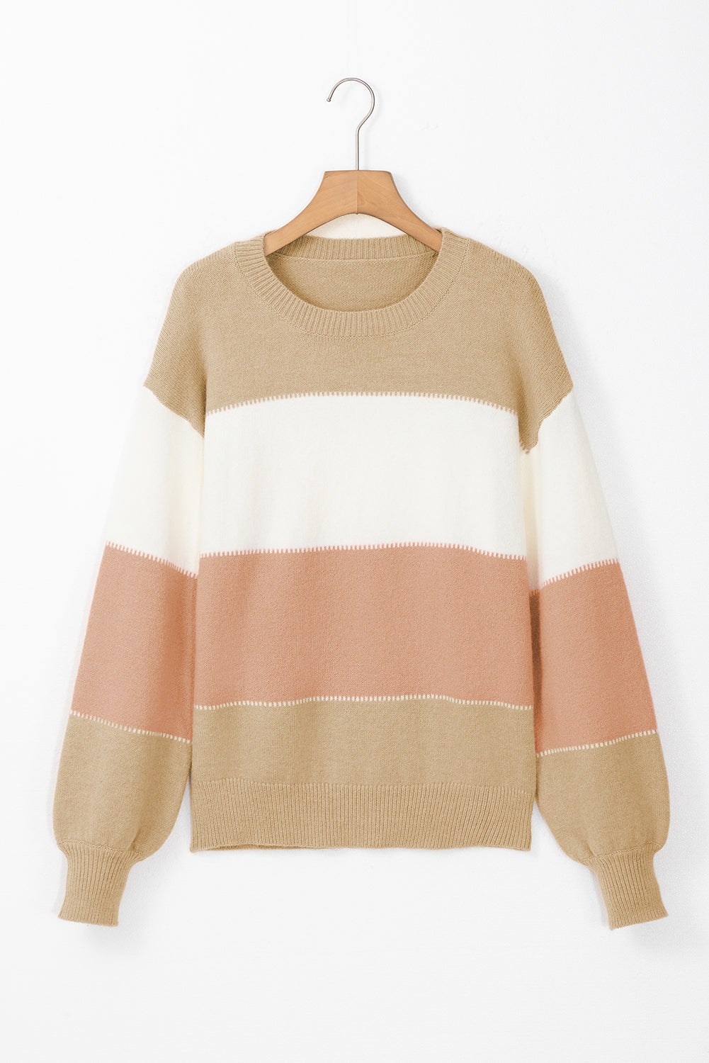 Dusty Pink Color Block Lantern Sleeve Drop Shoulder Sweater Sweaters JT's Designer Fashion