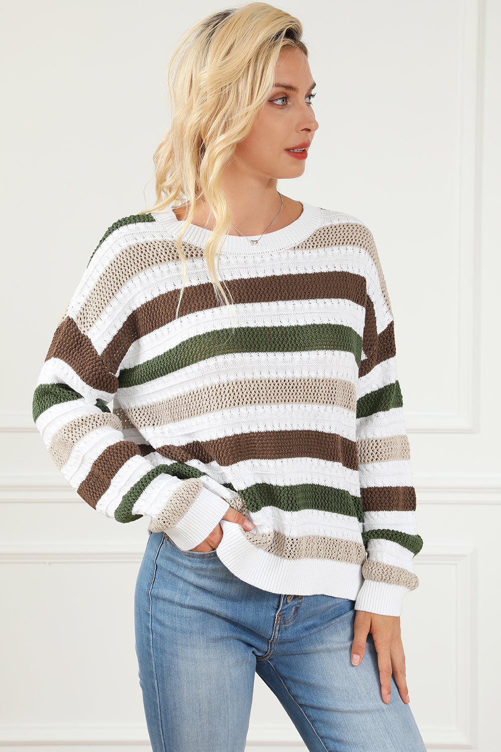Stripe Crochet Hollow out Knit Sweater Sweaters & Cardigans JT's Designer Fashion
