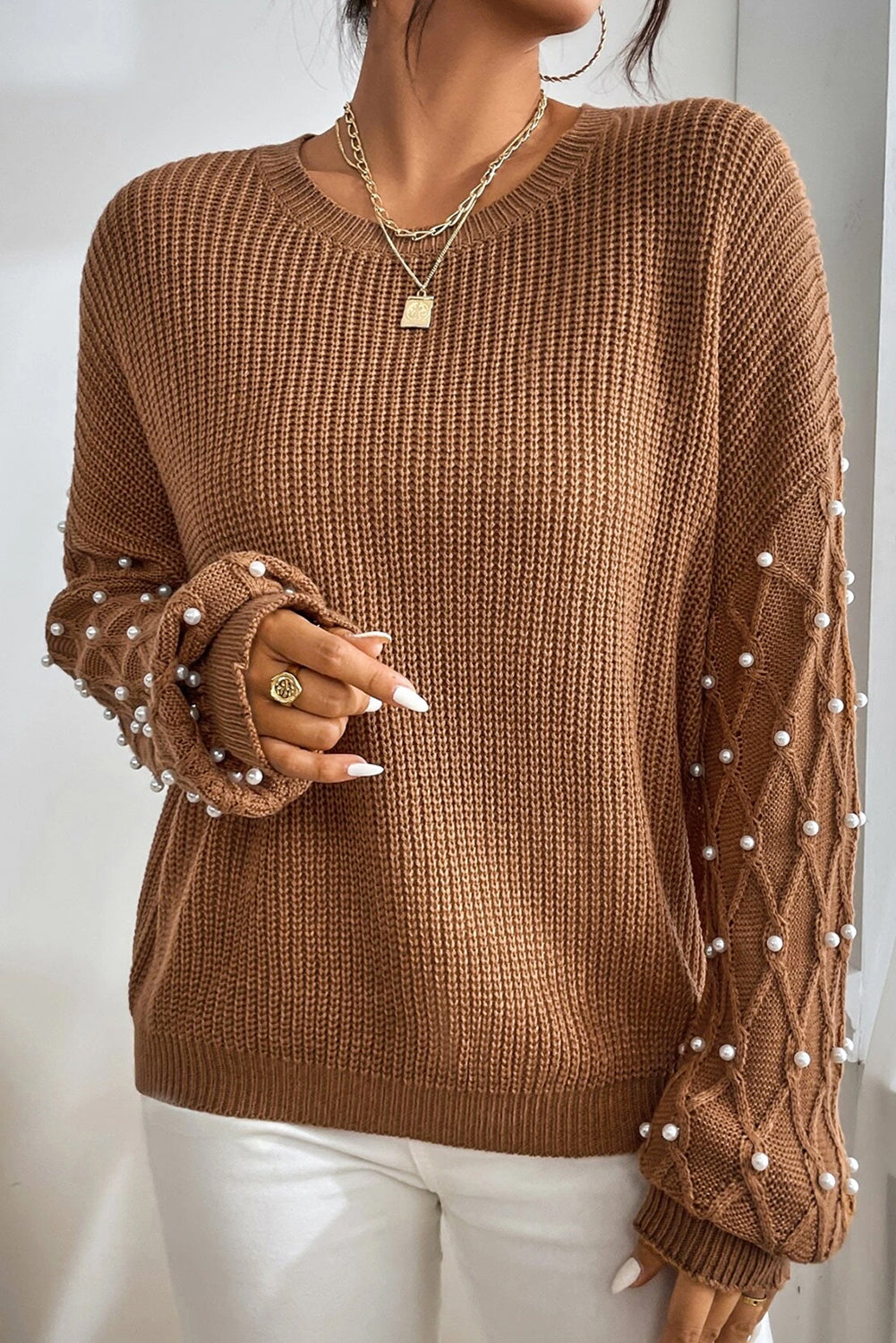 Chestnut Beaded Drop Shoulder Round Neck Sweater Sweaters JT's Designer Fashion