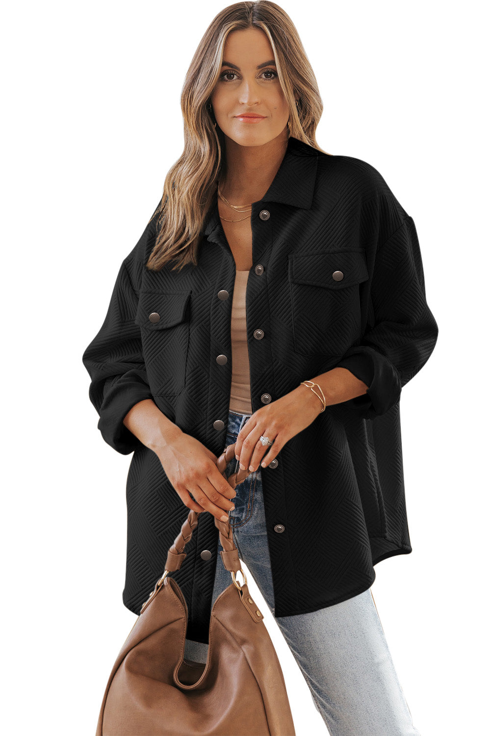 Black Solid Textured Flap Pocket Buttoned Shacket Jackets JT's Designer Fashion