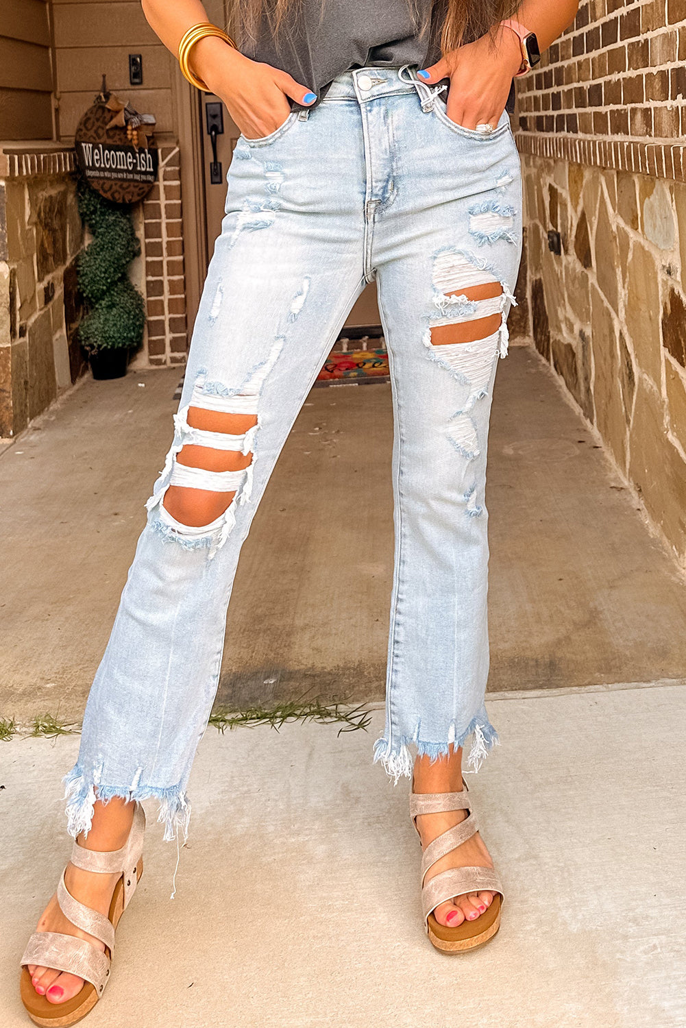 Beau Blue Light Wash Distressed Straight Leg Slim Fit Jeans Beau Blue 93%Cotton+5%polyester+2%Elastane Jeans JT's Designer Fashion