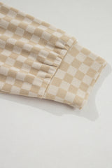 Khaki Checkered Print Kangaroo Pocket Drawstring Hoodie Sweatshirts & Hoodies JT's Designer Fashion
