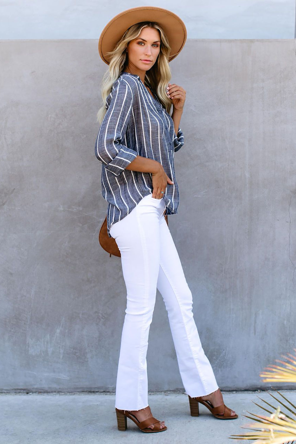 Blue Striped V Neck Pocket Long Sleeve Top Long Sleeve Tops JT's Designer Fashion