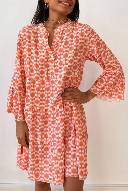 Orange Floral Print Flounce Sleeve Buttoned Front Mini Dress Orange 100%Polyester Floral Dresses JT's Designer Fashion