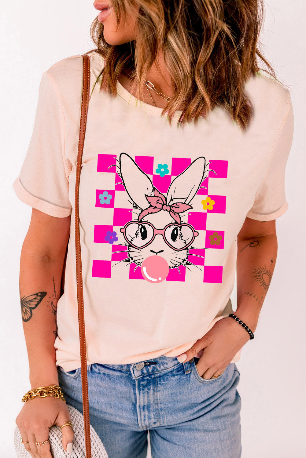 Pink Easter Rabbit Checkered Flower Print O-neck T Shirt Graphic Tees JT's Designer Fashion
