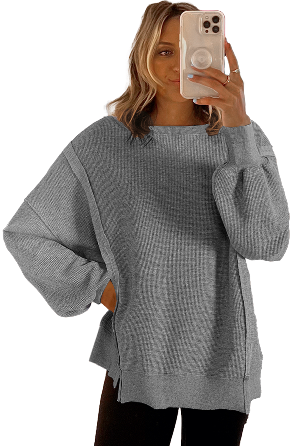 Gray Waffle knit Bishop Sleeve Split Oversized Top Long Sleeve Tops JT's Designer Fashion