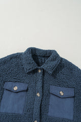 Blue Contrast Flap Pocket Single Breasted Teddy Coat Coats JT's Designer Fashion