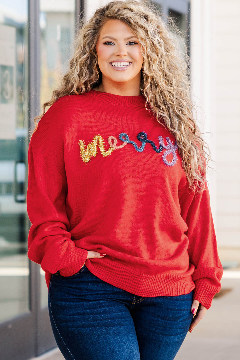 Fiery Red Tinsel merry Pattern Drop Shoulder Plus Size Sweater Plus Size Sweaters & Cardigans JT's Designer Fashion