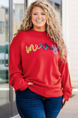 Fiery Red Tinsel merry Pattern Drop Shoulder Plus Size Sweater Plus Size Sweaters & Cardigans JT's Designer Fashion