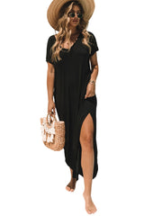 Black V Neck Hidden Pocket Splits Maxi T-shirt Dress T Shirt Dresses JT's Designer Fashion