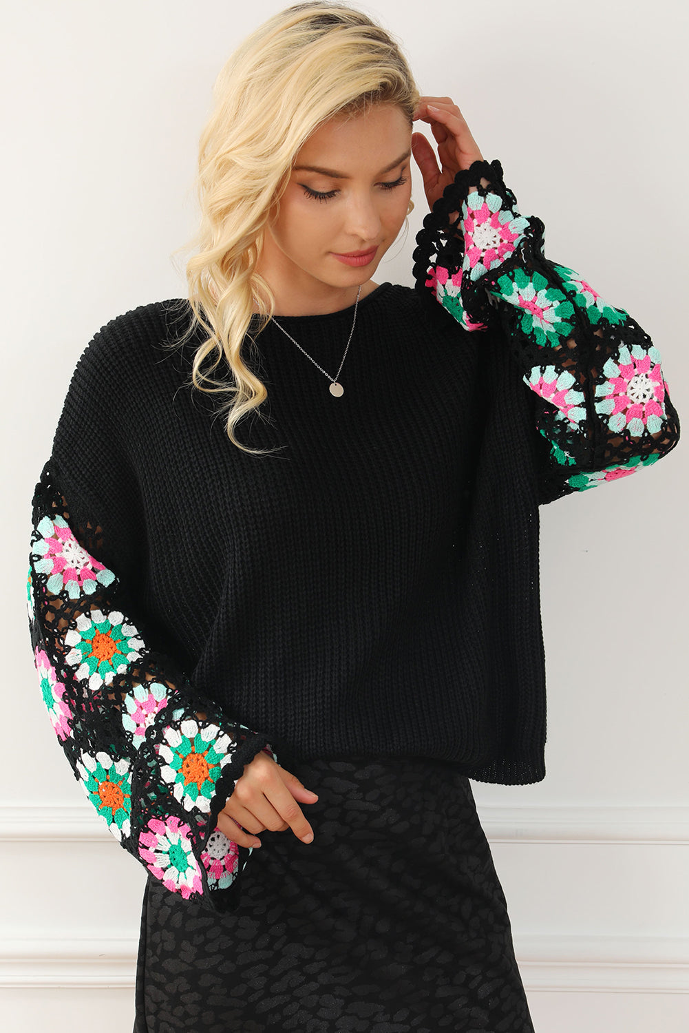 Black Floral Crochet Bell Sleeve Loose Sweater Sweaters JT's Designer Fashion