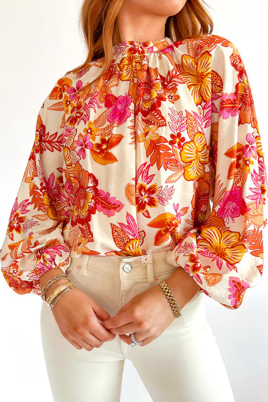 Orange Floral Print Pearl Button Keyhole Long Puff Sleeve Blouse Orange 81%Viscose+19%Polyamide Blouses & Shirts JT's Designer Fashion