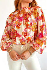 Orange Floral Print Pearl Button Keyhole Long Puff Sleeve Blouse Orange 81%Viscose+19%Polyamide Blouses & Shirts JT's Designer Fashion
