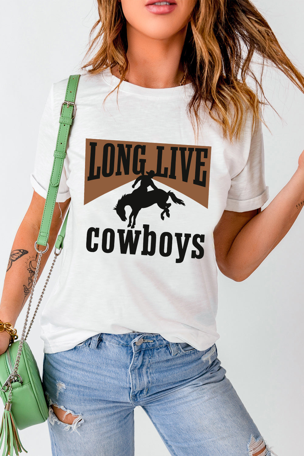 White LONG LIVE Cowboys Western Graphic Loose Tee Graphic Tees JT's Designer Fashion