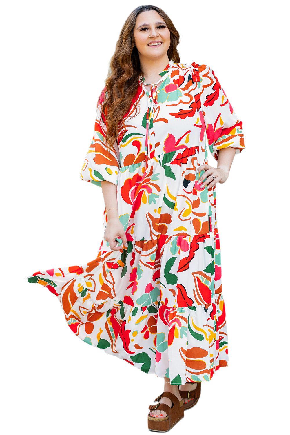 Orange Floral Print Drawstring V Neck Tiered Plus Size Dress Plus Size Maxi Dresses JT's Designer Fashion