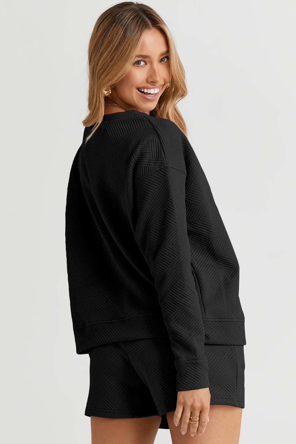 Black Textured Long Sleeve Top and Drawstring Shorts Set Short Sets JT's Designer Fashion