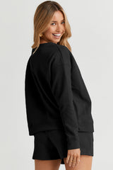Black Textured Long Sleeve Top and Drawstring Shorts Set Short Sets JT's Designer Fashion