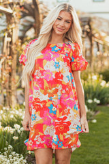 Pink Floral Print Bubble Short Sleeve Dress Floral Dresses JT's Designer Fashion