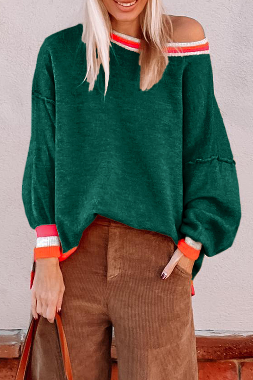 Blackish Green Colorblock Striped Trim Drop Shoulder Sweater Blackish Green 52%Viscose+26%Polyester+22%Polyamide Sweaters JT's Designer Fashion