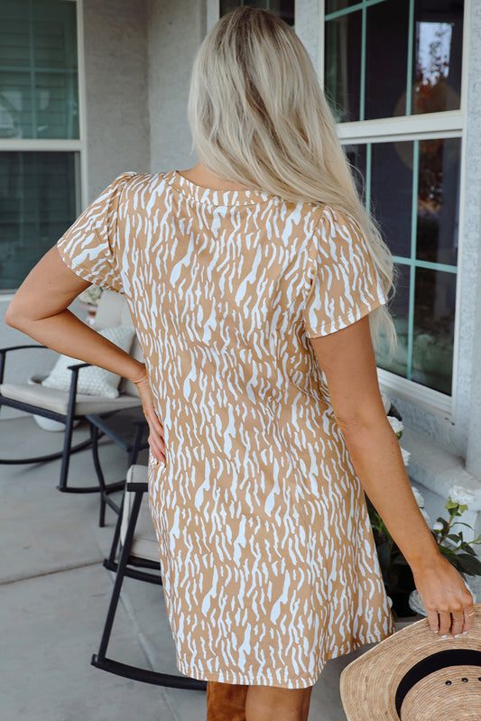 Khaki Abstract Print V Neck Short Sleeve Shift T Shirt Dress T Shirt Dresses JT's Designer Fashion