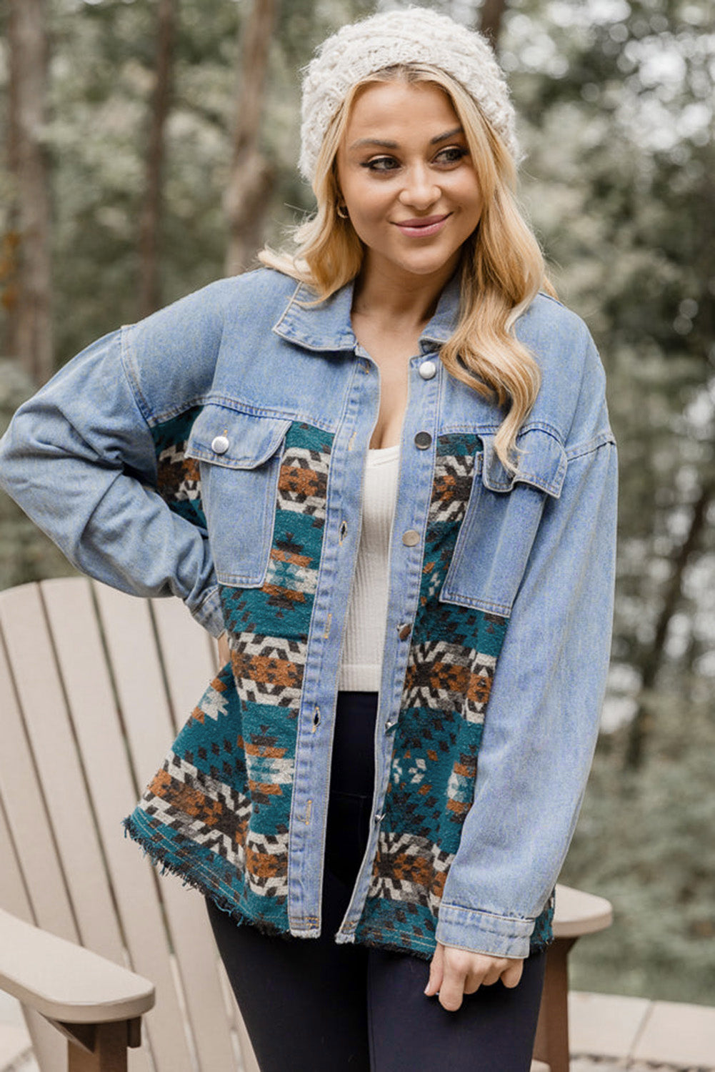 Blue Aztec Printed Denim Jacket Denim Jackets JT's Designer Fashion