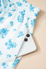 Sky Blue Floral Striped Print Contrast Patched Pocket Shirt and Shorts Set Short Sets JT's Designer Fashion