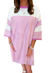 Phalaenopsis Striped Patchwork Three Quarters Sleeve Loose Mini Dress Mini Dresses JT's Designer Fashion
