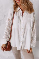 White Cotton Gauze Lace Patchwork Long Sleeve Shirt Blouses & Shirts JT's Designer Fashion