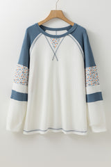 White Floral Patchwork Waffle Knit Raglan Top Long Sleeve Tops JT's Designer Fashion